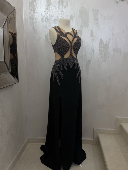Луксозна черна рокля с камъни и цепка официална бална S M  L