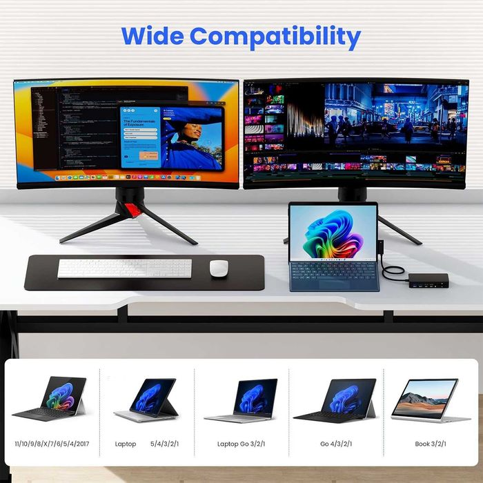 Microsoft Surface Dock - Троен дисплей (2 HDMI 4K + VGA), 12-в-1 докинг станция за Surface Pro