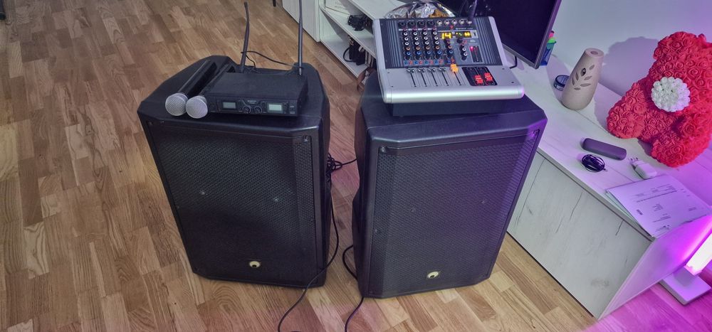 Vand schimb boxe omnitronic  xkb 215a si mixer amplificat + pasiv.