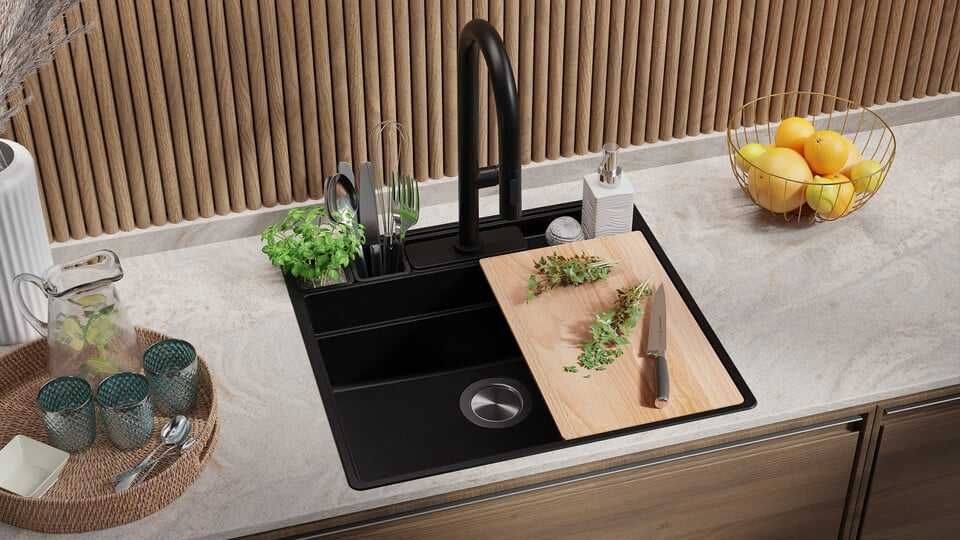 Черна кухненска мивка от гранит Ню Йорк 60 Multispace 580 x 530 мм