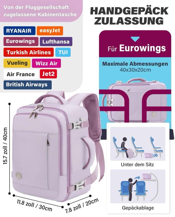 Rucsac cabina 40x30x20 Ryanair Wizz 24L mov deschis