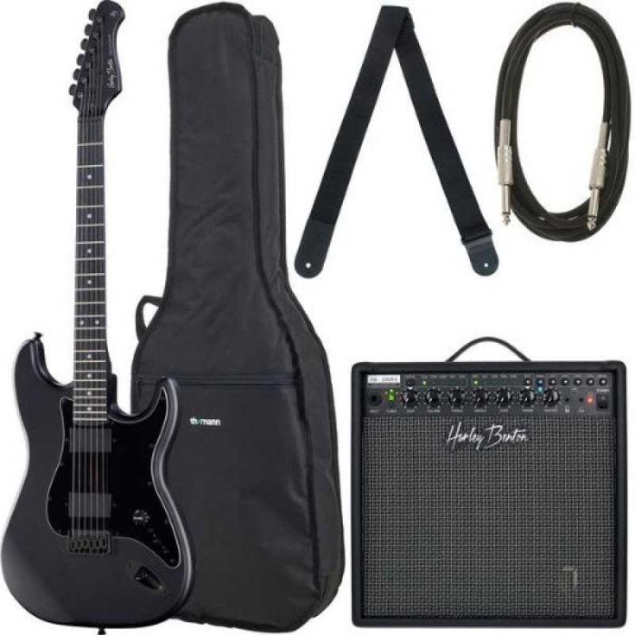 Set Chitara electrica Harley Benton ST-20HH SBK Standard Series 22 Freturi Control Volum  Amplificator Harley Benton 10W | UsedProducts.ro