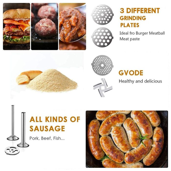 Accesoriu pentru măcinat carne din oțel inoxidabil GVODE pentru KitchenAid, include 3 duze pentru cârnați