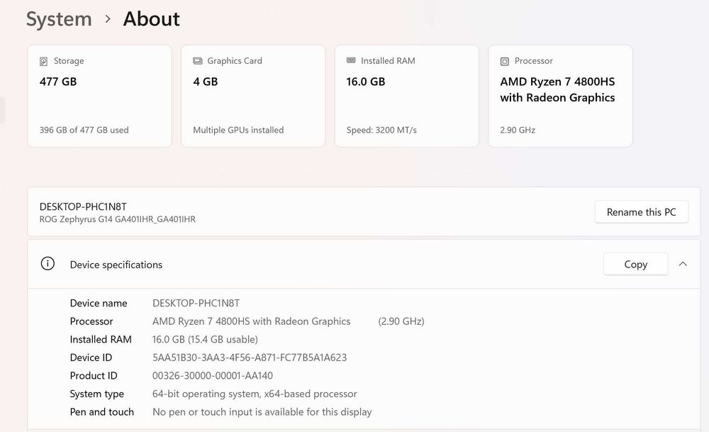 Laptop ASUS ROG Zephyrus G14 | Ryzen 7 4800H | GTX 1650 | 16 GB RAM | 512 GB SSD