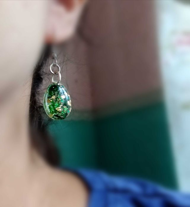 Пръстен от смола с мъх и златен лист Ръчна изработка Обеци смола Обици