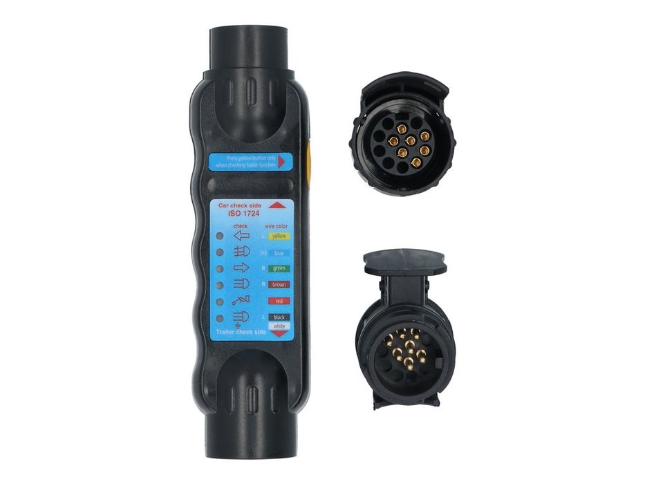 Tester cu led Carpoint pentru lumini remorca 12V, cu 7 pini fisa si priza, include 2 adaptoare pentru conexiuni de 13 pini