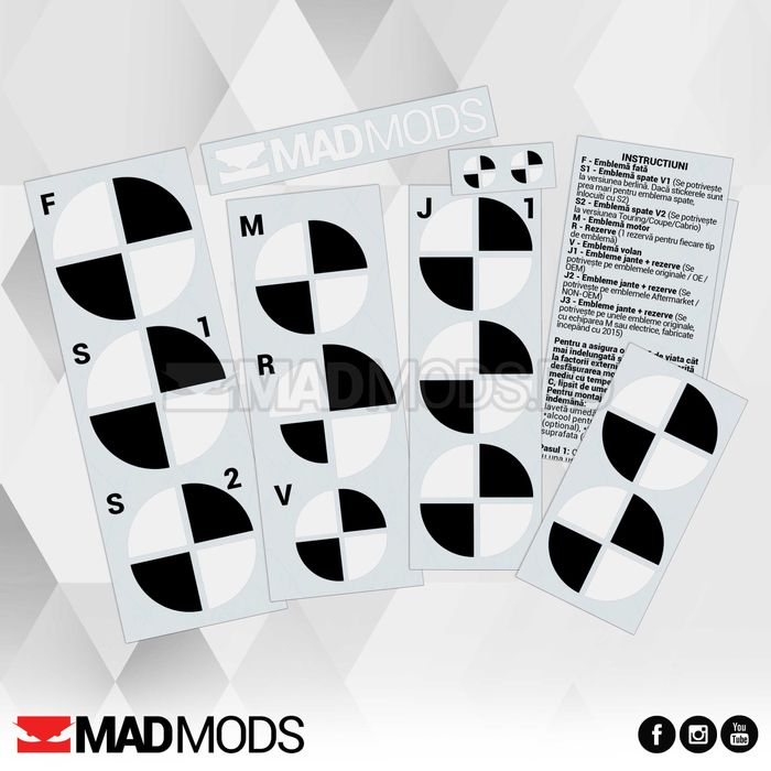 Set Stickere Embleme Negru cu Alb BMW Seria 1 2 3 4 5 6 7 8 X i M