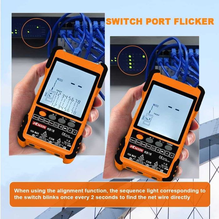 Tester Cablu Retea POE RJ45 cu Multimetru Digital LCD Masurare Lungime 600m Scanare Anti-Interfete 3 ID Pairing Test Voltaj Curent Temperatura Lan