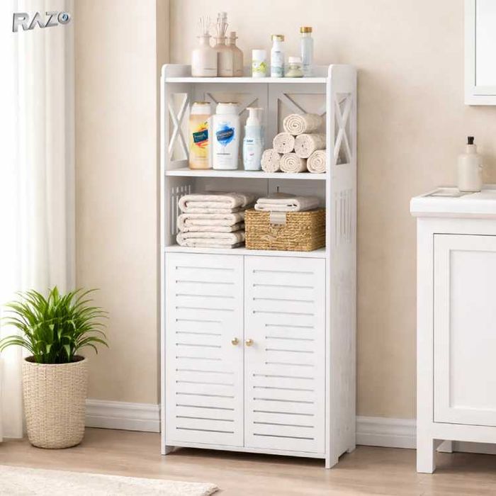 Dulap dublu depozitare baie  Rafturi superioare Dulap inferior cu 2 usi Mobilier modern 40x25x90 cm Alb