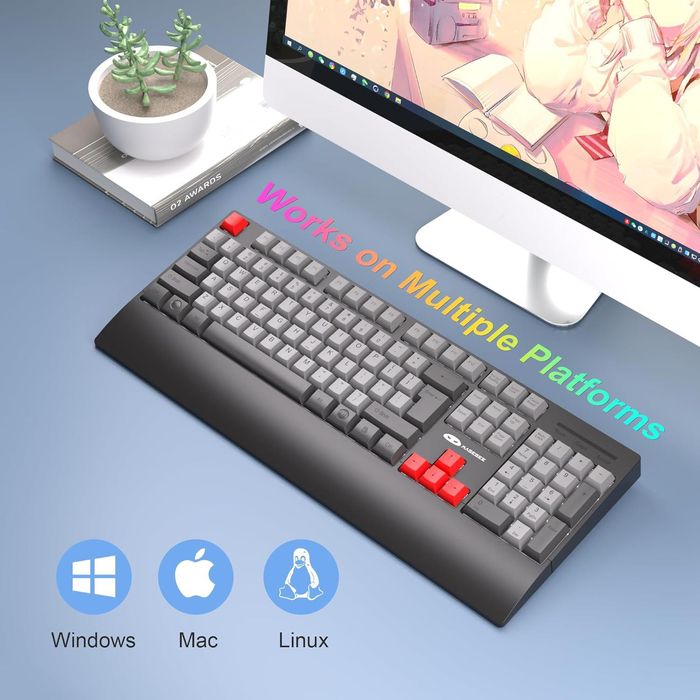 MageGee Wireless Rechargeable Gaming Keyboard with Ergonomic Wrist, RGB LED Backlit, Full Size 104-key Rest for Windows, Mac, PC, Laptop-Grey/Red