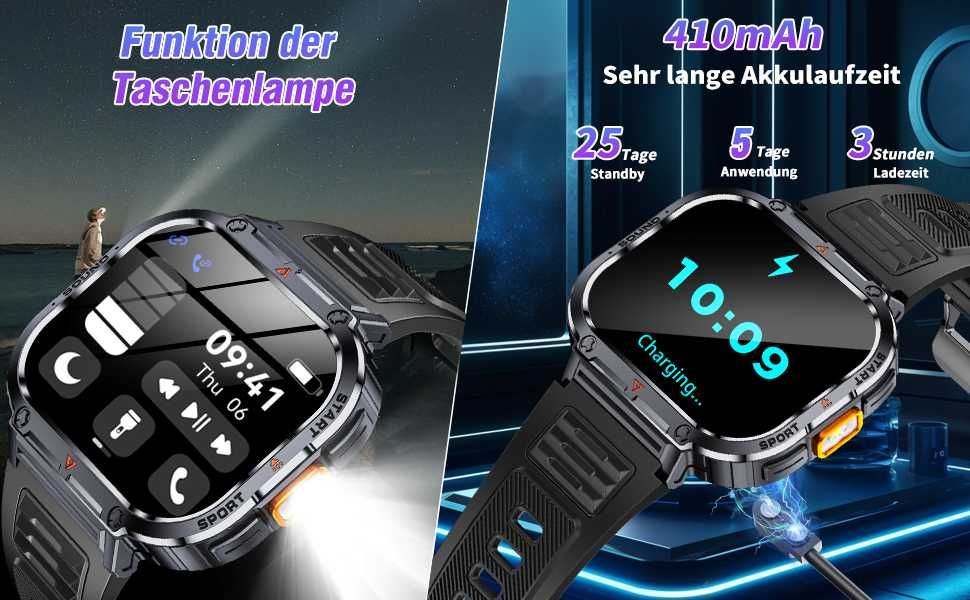 НОВ мъжки смарт часовник NX23, 2" с LED фенерче IP68 водоустойчив...