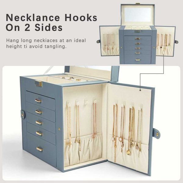 кутия за бижута 6-етажна от естествено дърво, кожа с огледало – XXL