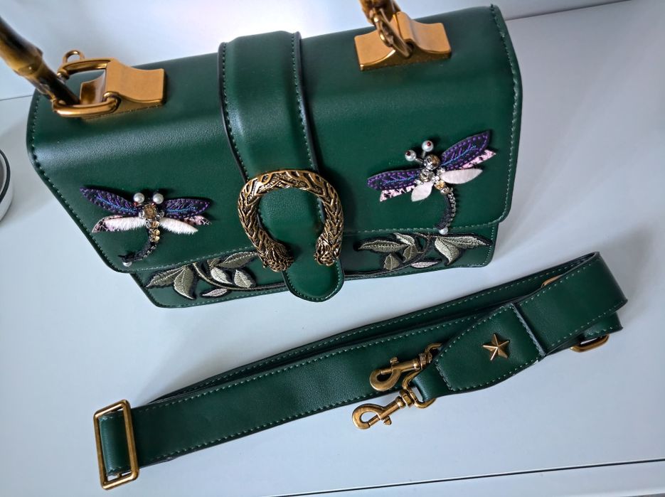 Чанта Gucci в зелено с бродерия, бамбукова дръжка