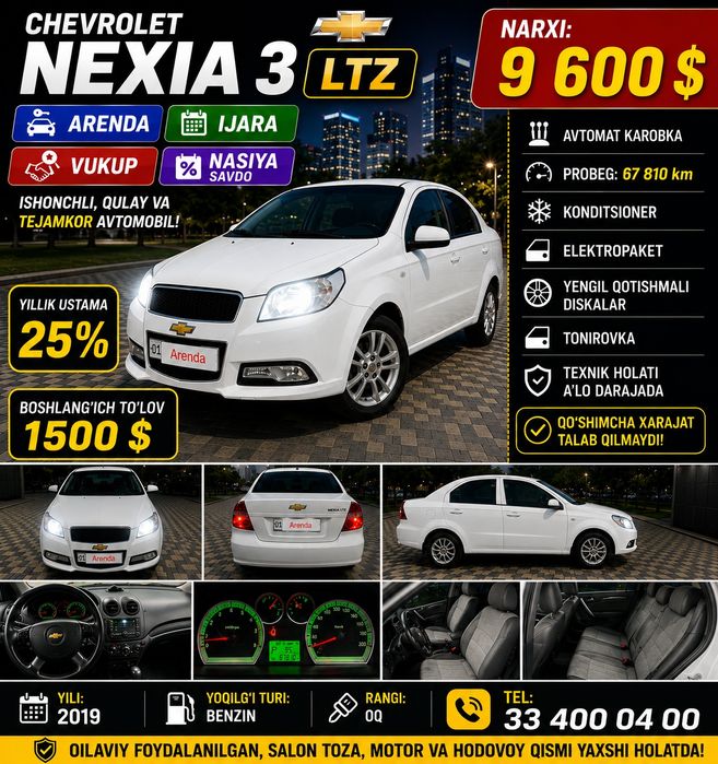 Nexia 3 arenda nasiya savdo bo'lib to'lash vikup bosh tolov 1500