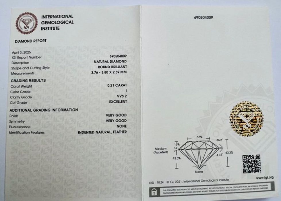 IGI certified Diamond - 0.21ct, color - I, clarity - VVS2, cut - Ex.