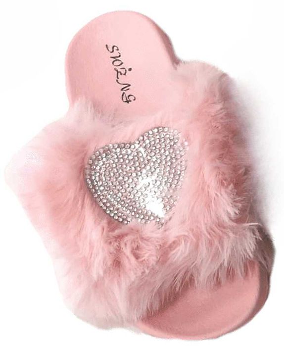 Детски пухести чехли с блестящ акцент Сърце от камъчета