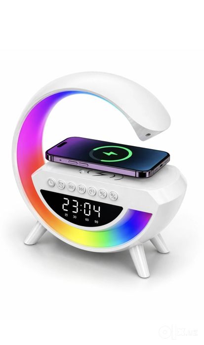 RGB LED Беспроводная зарядка Bluetooth, Колонка с часами и подсветкой.