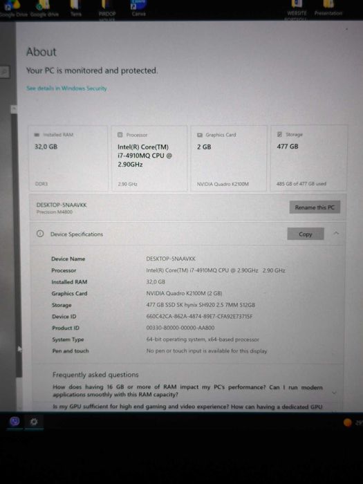 Laptop Dell Precision 4800 Intel i7 32GB Ram