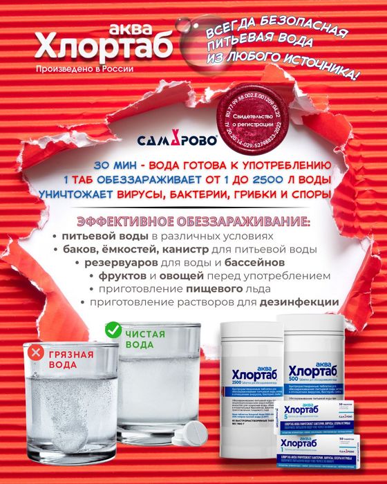 Таблетки для обеззараживания питьевой воды и емкостей Хлортаб Аква