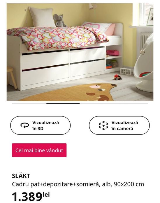 Cadru pat Slakt Ikea 90x200 cm cu depozitare+somiera+saltea+topper