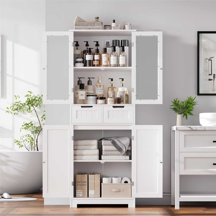 Висок шкаф за баня, стъклена врата и рафтове, 2 чекмеджета, бял