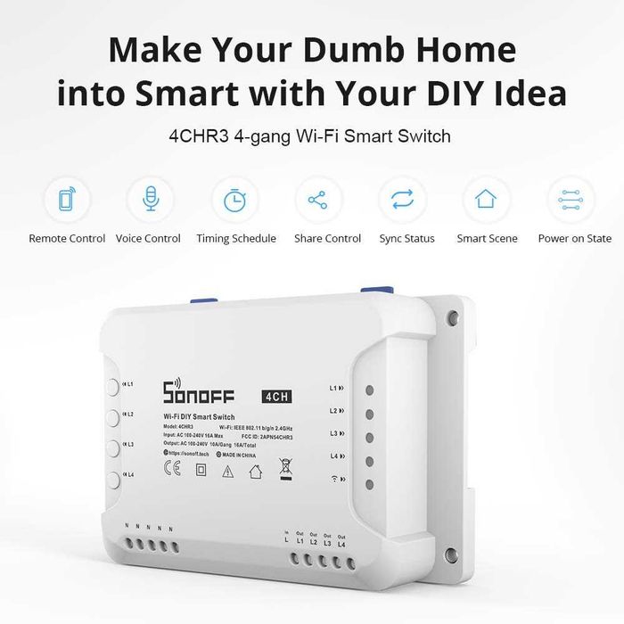 Смарт Wi-Fi реле SONOFF 4CHR3 4 канала 10A
