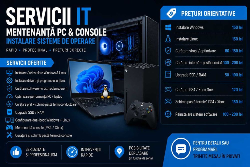 Servicii IT – Mentenanță PC & Console, Instalare Sisteme de Operare