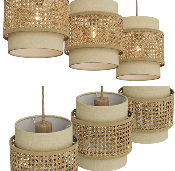 Висящи 3бр лампи от ратан и текстил 7563