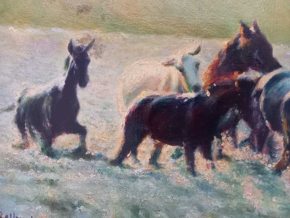 A. Bellomi – „Cai traversând apa” – ulei pe carton, 50 × 35 cm