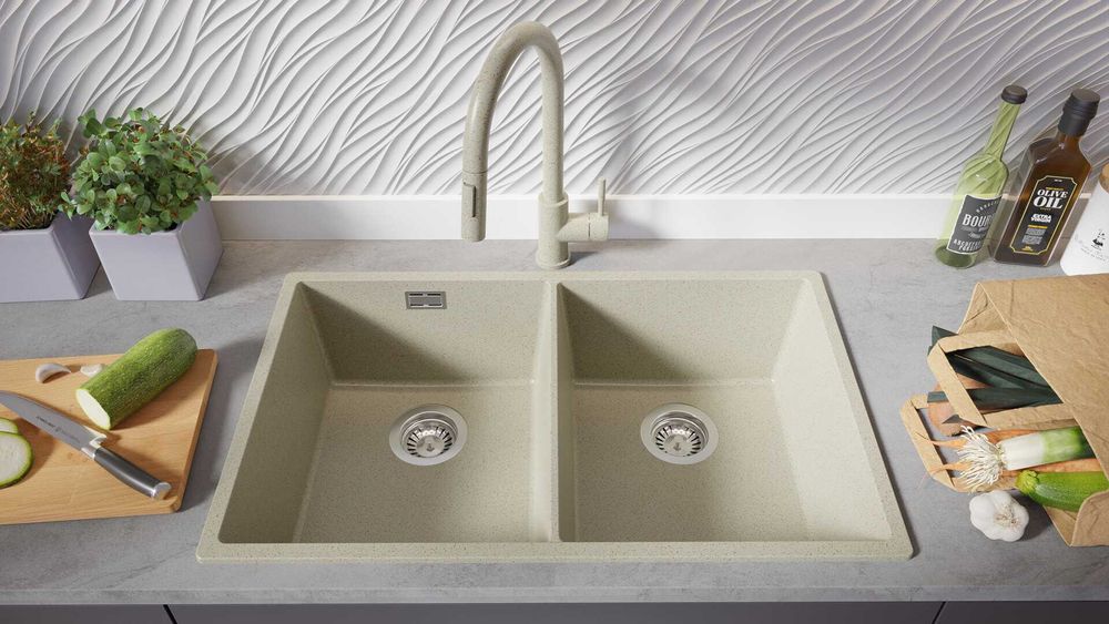 Беж гранитна мивка с две корита за вгражда Лондон 80 Twin 760 x 470 мм