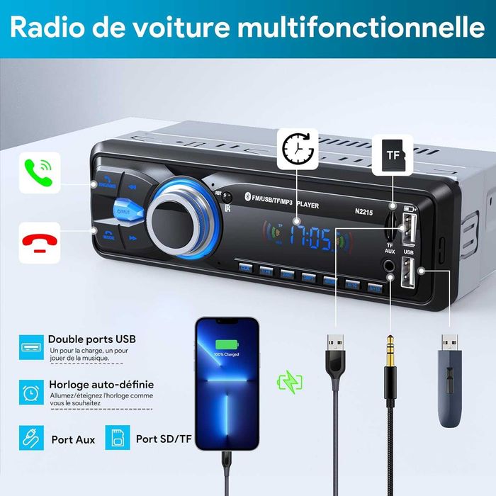 N2215 Bluetooth 5.0 1 Din автомобилно радио, 9-12V, AM/FM, 2 USB, 4-канален