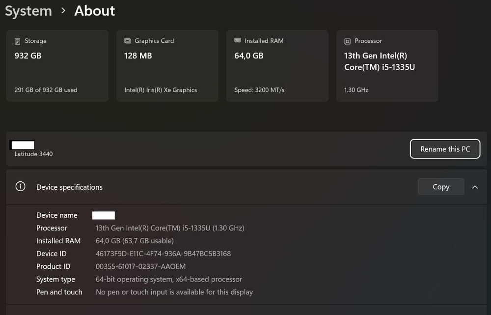 Dell Latt. 3440, 13th gen Core I5-1335U, 64GB RAM, 256GB SSD, 14" FHD