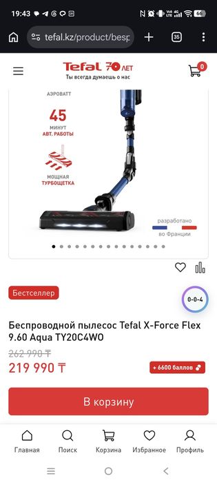 Беспроводной пылесос Tefal X-Force Flex 9.60 Aqua TY20C4WO