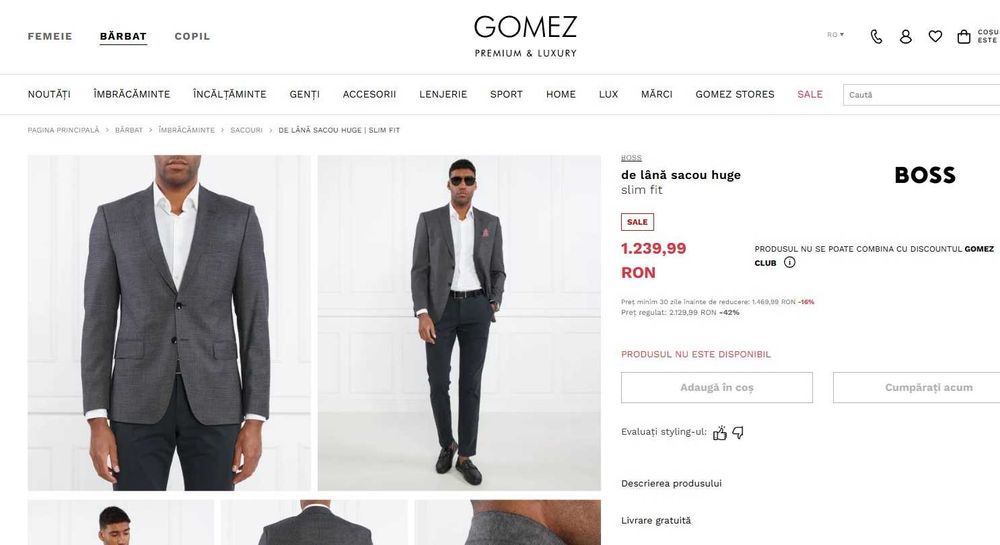 Sacou blazer 54 XXL Hugo Boss lana 100% super 120's gri microstructuri