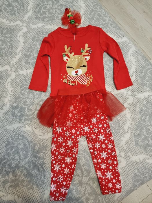 Costumas craciun pantalon cu dantela si body rosu+ bentita, mar. 80 no