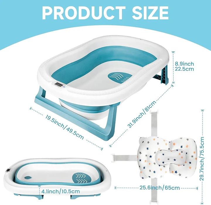 Сгъваема детска вана с дигитален термометър и анатомична подложка