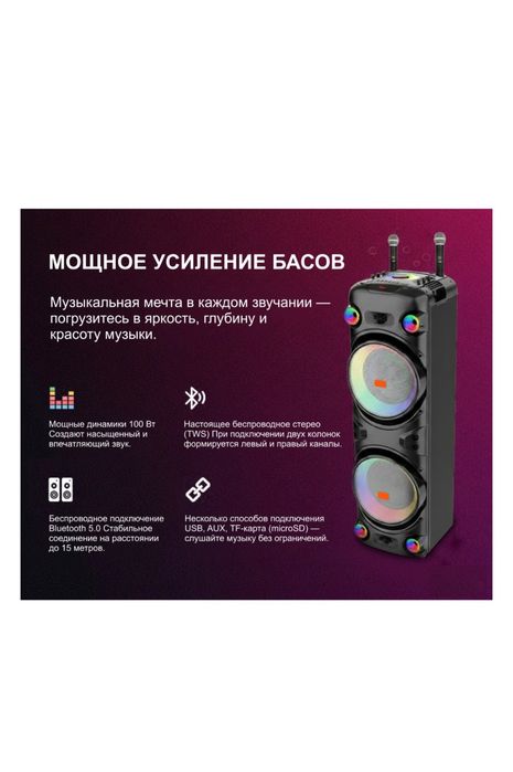 Bluetooth колонка, 2 сабвуфера,караоке,микрофоны,AUX/USB/FM