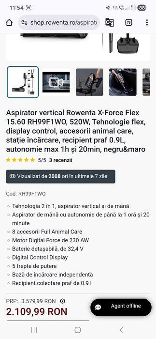 Vand aspirator vertical Rowenta X-Force Flex 15.60 RH99F1WO, 520W