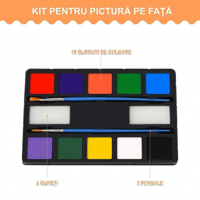 Set pictura pe fata si corp, 10 culori intense, 2 pensule, 2 bureti