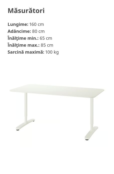 Birou BEKANT 160x80 alb – reglabil, stare impecabilă,ideal home office