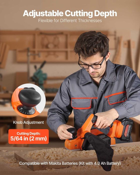 Rindea electrica de mana fara fir, latime 82 mm, 15000 rpm, motor brushless, acumulator 18V 4 Ah, adancime reglabila, sac praf
