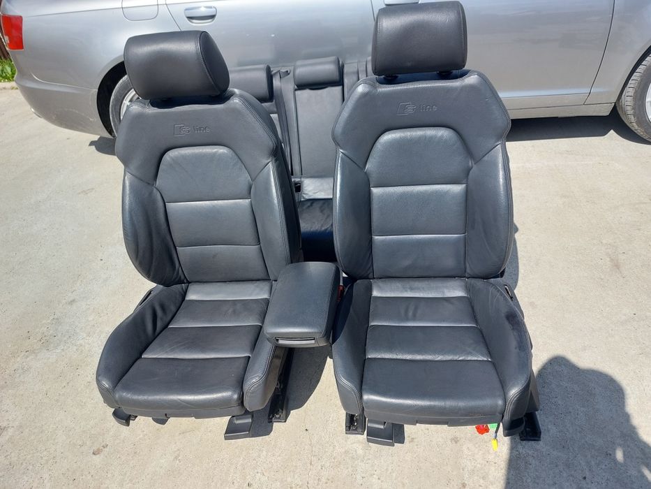 Set interior S-line Sline Audi A6 C6 4F piele neagra model 2004-2011 scaune fata + banchete rabatabile + cotiera