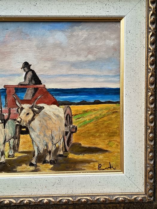 Tablou Autentic "Car Cu Boi" Pictat Și Semnat Artist Italian Consacrat