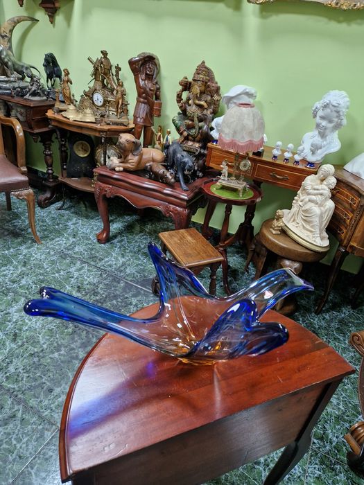 Уникална голяма антикварна италианска кристална фруктиера Мурано