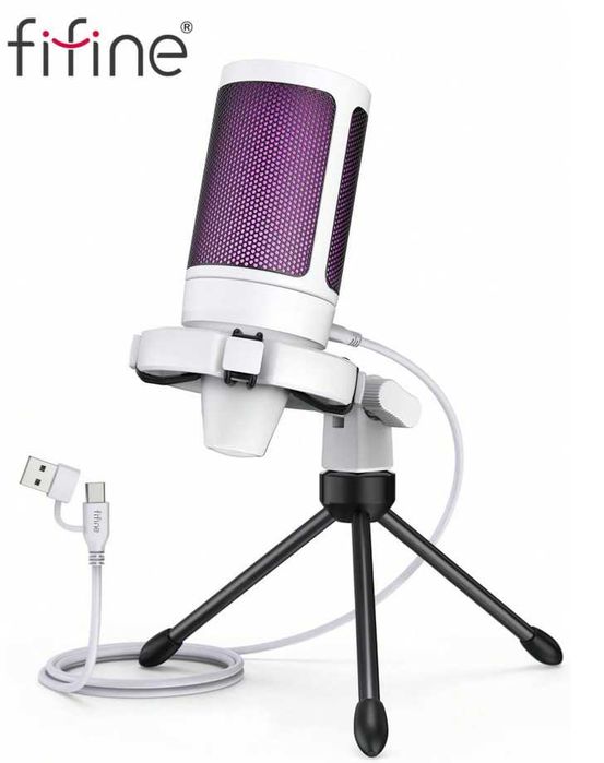 Mикрофон FIFINE A2 с RGB подсветка + стойка, USB Type-C, Бял