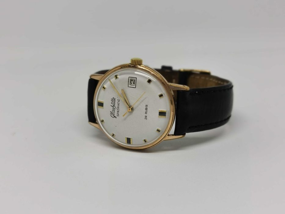 Ceas Vintage GUB Glashutte Spezimatic Ceas 26 Rubis date Made in Germany placat aur 20 microni curea piele
