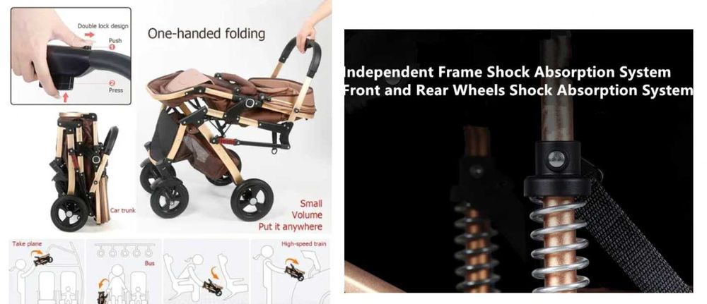 Carucior 3 in 1, Suspensie dubla pe roata, strangere compacta, Belecoo, bej