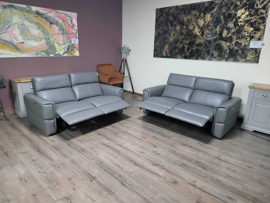 Сив кожен комплект дивани две двойки с електрически релакс механизъм