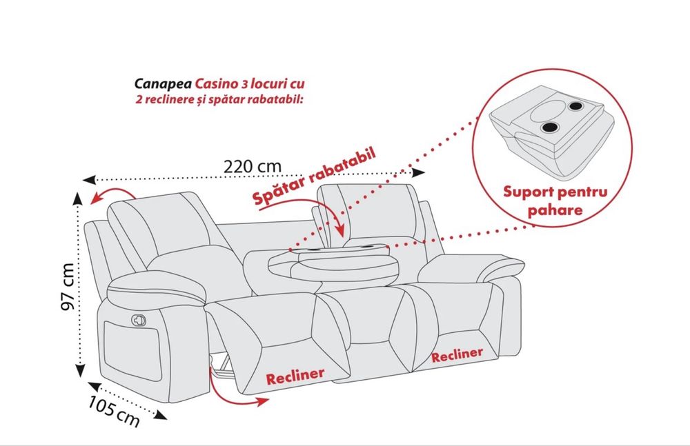 Canapea Lems Casino 3 locuri cu 2 reclinere + fotoliu Casino cu recliner