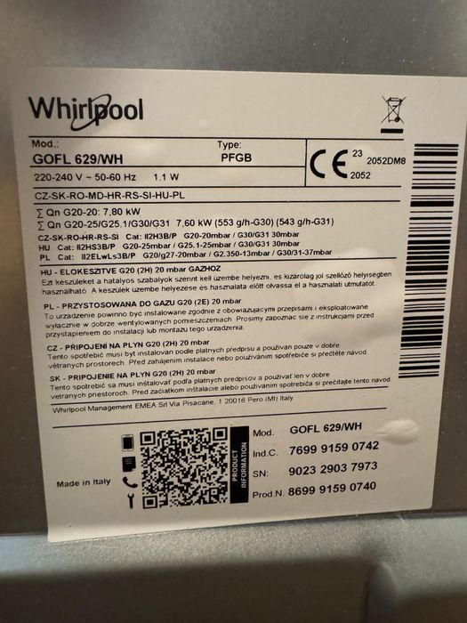 Plită incorporabilă sticlă Whirlpool GOFL 629/WH - 4 ochiuri, Wok